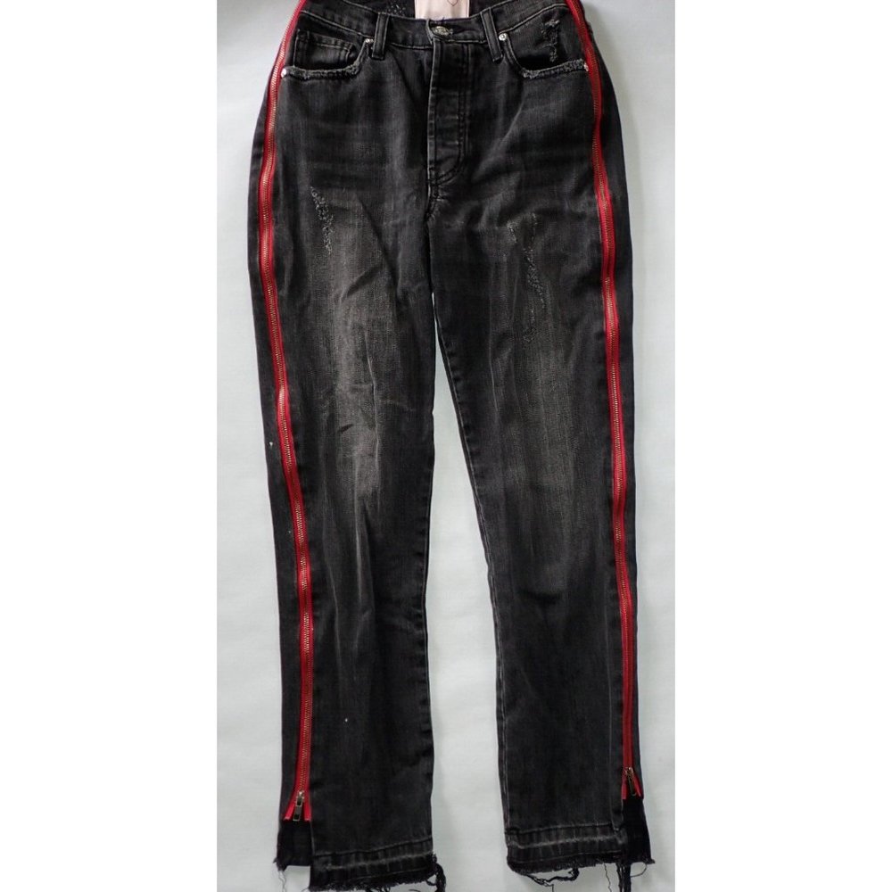 Revice Jeans Size 26 Black Red Full leg‎ Zipper Button Fly Womens Destressed